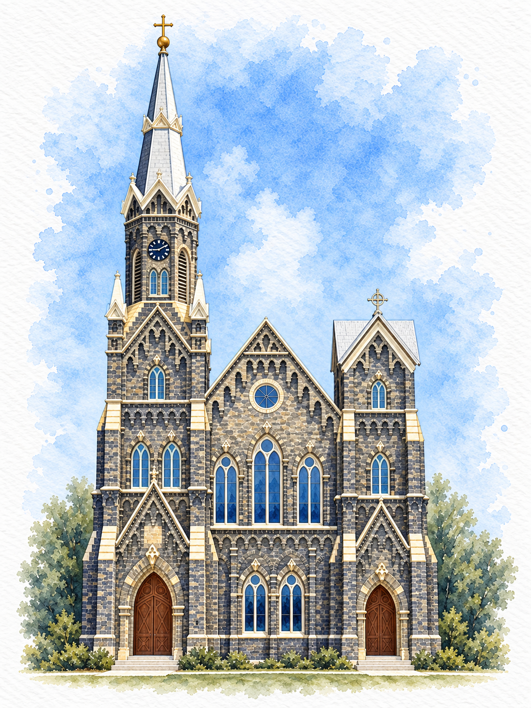 Watercolor of a stone church with arched windows and a tall steeple against a blue sky