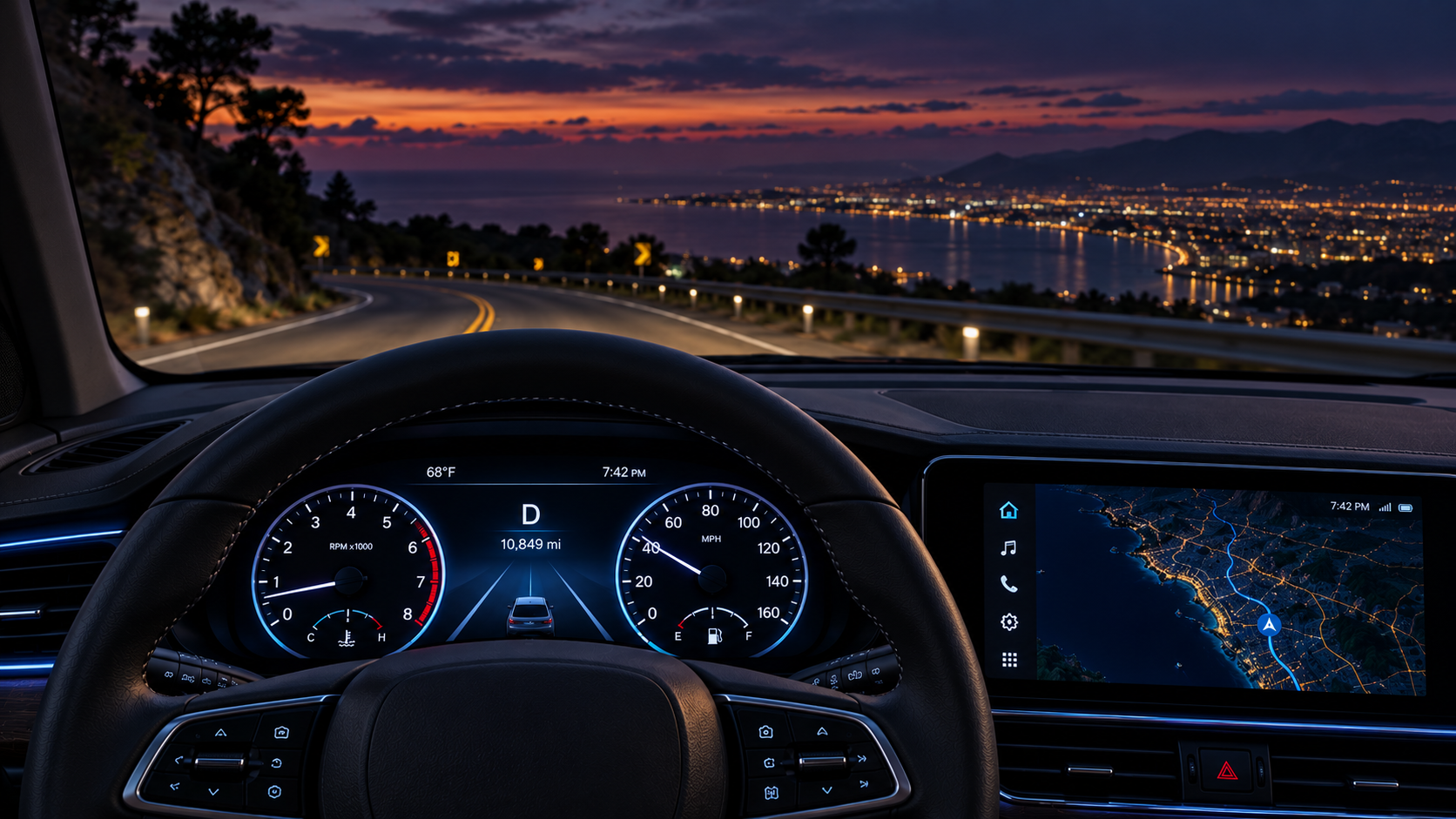 A vehicle dashboard overlooking a winding coastal road at sunset